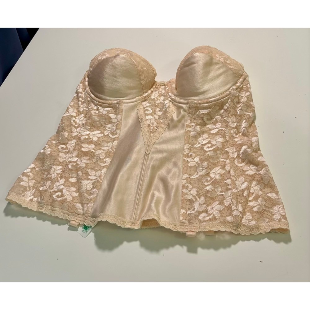 Vintage Carnival Lace Bustier Corset Size 38B Beige Longline Semi Sheer Union